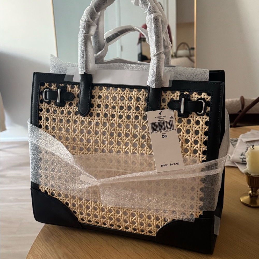 Rattan & Leather Medium Devyn Tote Bag, Black and Tan Bag